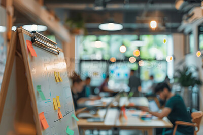 Buy stock photo Whiteboard, creative and office with sticky notes for planning in coworking company for reminder and schedule. Workspace, information and moodboard for brainstorming, list and advisory for workflow