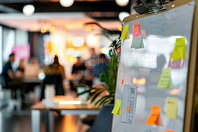 Buy stock photo Whiteboard, creative and office with sticky notes for information in coworking company for reminder and schedule. Workspace, planning and moodboard for brainstorming, list and advisory for workflow
