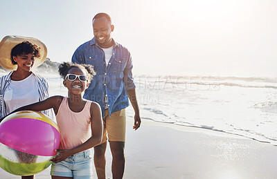 Buy stock photo Father, mom and girl with beach ball, ocean and mock up space with bonding, smile and people in sunshine. Black family, mother and daughter with dad for love by waves, sunset and vacation in Miami