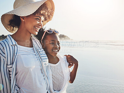 Buy stock photo Mom, daughter and hug on beach for holiday, vacation and travel together with outdoor bonding for mothers day. Excited African family, woman and child sightseeing, tourism and love for weekend away