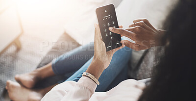 Buy stock photo Phone screen, hands of woman and password in home for security, protection and safety of information. Female person, mobile or typing in code for access, internet banking or account privacy in lounge
