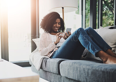 Buy stock photo Black woman, couch or research with phone for internet news or relax, lifestyle or blog for ideas. Female person, sofa or mobile with website for diy plan in home, scroll for information with app