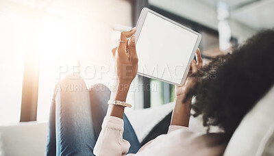 Buy stock photo Black woman, sofa or website with tablet screen or mockup for internet research, reading lifestyle or blog for ideas. Female person, couch or ebook with relax for plan in home, scroll for information