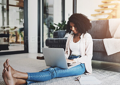 Buy stock photo Woman, laptop and home for remote work on floor, comfortable and living room or productivity. Online report, business review and writing email response for virtual client, social networking and relax