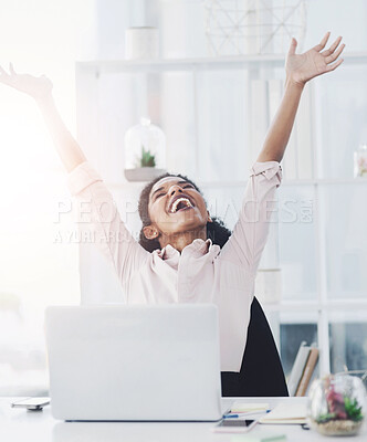 Buy stock photo Freedom, laptop and success with business woman in office to complete, job, task or work at desk. Achievement, bonus and celebration with winner employee in corporate workplace for motivation