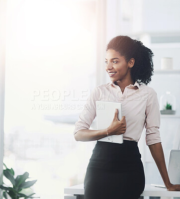 Buy stock photo Businesswoman, idea and thinking in office with tablet for career growth, personal or smile for growth plan. Female person, workplace and planning with reflection for future goal with web design