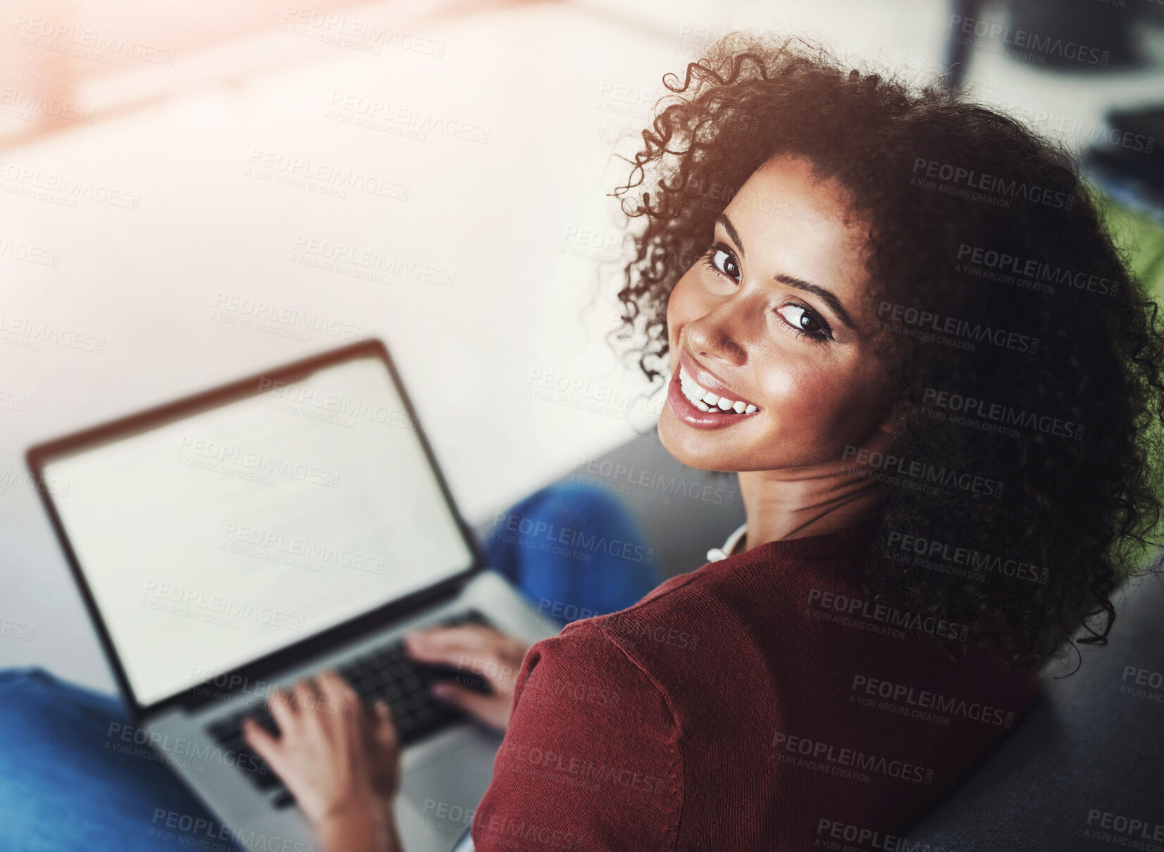 Buy stock photo Laptop screen, remote work or portrait of happy woman for email, contact or online banking at home. Smile, female freelancer or tech with mockup for creative writing, blog post or article on internet