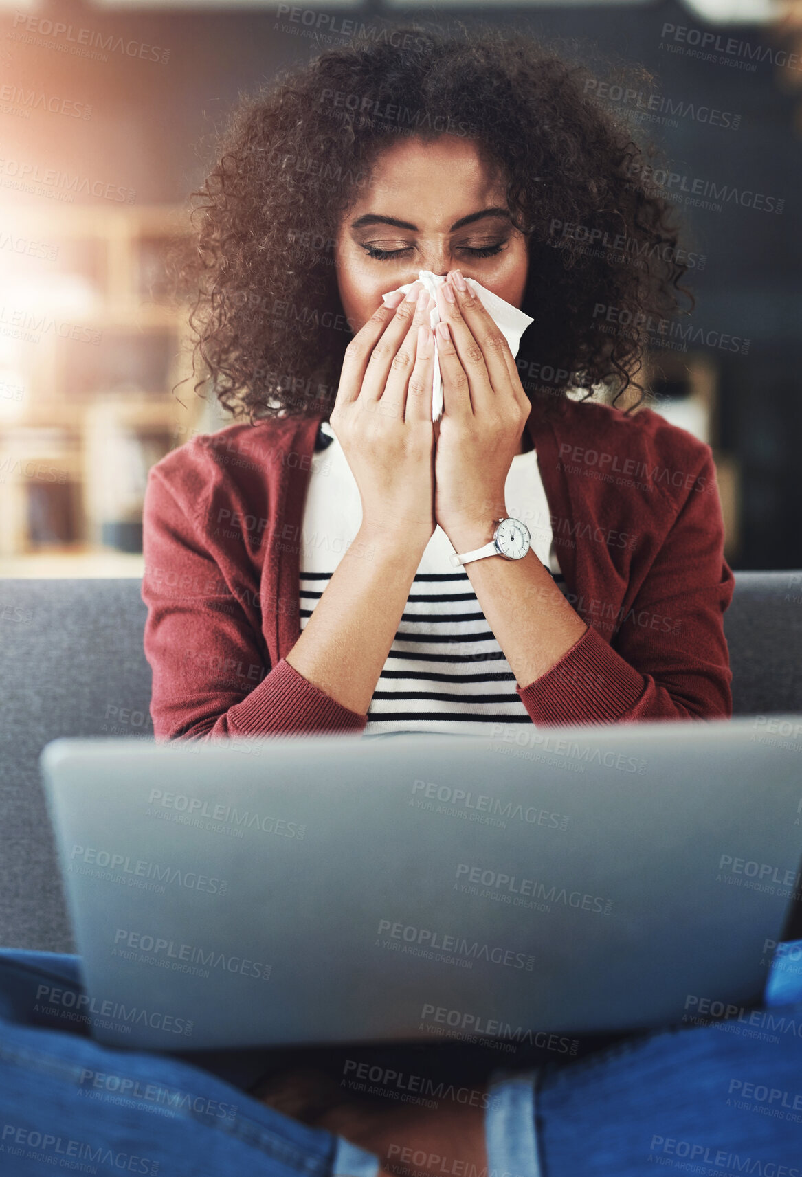 Buy stock photo Woman, home and laptop with blowing nose on illness, flu and sinus in living room on sofa. Female person, sick and sneeze with research on symptoms, virus and teleheath for booking appointment