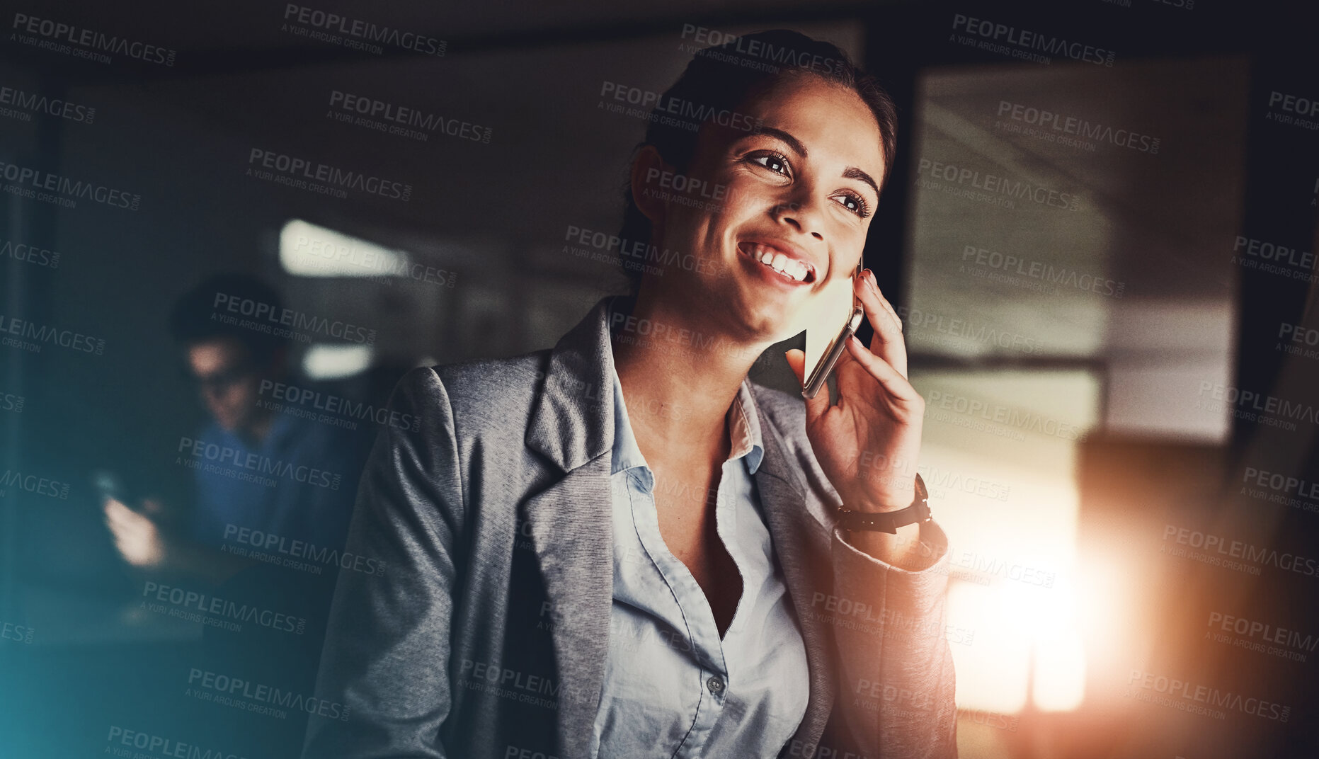 Buy stock photo Night, phone call and business woman in workplace, working late and communication or work discussion. Deal negotiation, deadline and professional speaking, company planning and smile for conversation