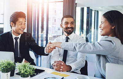 Buy stock photo Business people, success and meeting with handshake for interview in office, welcome to team with manager. Men, woman and inclusion in workplace for opportunity with shaking hands, hr deal with smile