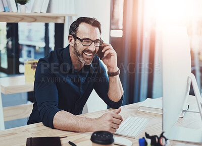 Buy stock photo Man, home office and happy on computer with phone call for good news and consultation with remote work. Business person, smile and satisfied with networking, communication and connection or planning