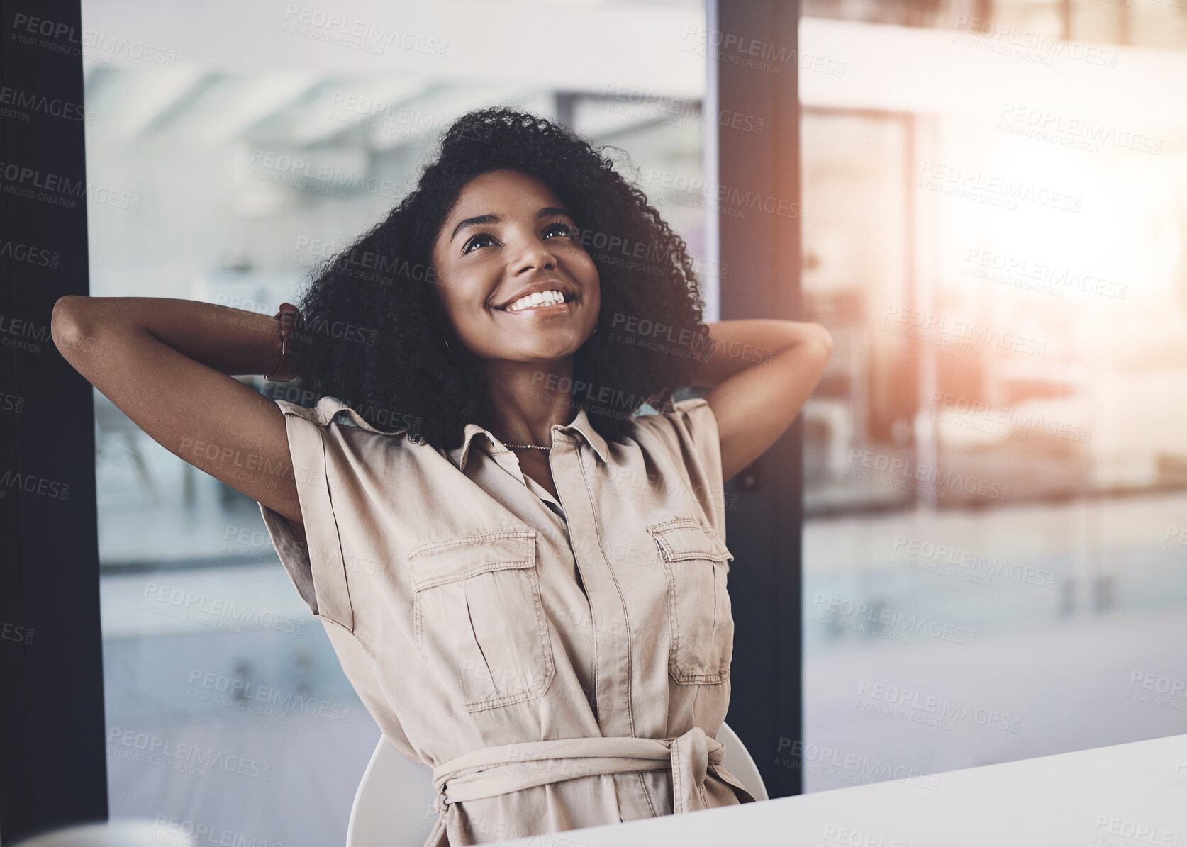 Buy stock photo Stretching, thinking and black woman in office with smile, business plan and time management goals. Relax, consultant or happy professional with dream, inspiration or ideas for startup development