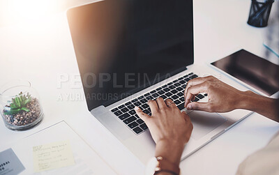 Buy stock photo Hands, typing and laptop screen in office, person and writing email or corporate business on technology. Online, research and planning project or browsing for information, company website and working