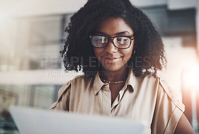 Buy stock photo Black woman, accountant and reading with documents for company budget, finance or corporate expenses at office. Young African, female person or employee with paperwork for financial plan at workplace