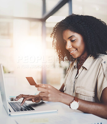 Buy stock photo Office, black woman and laptop with credit card for banking, fintech payment and online shopping with smile. Flare, business person and computer for typing, details and transaction on financial app