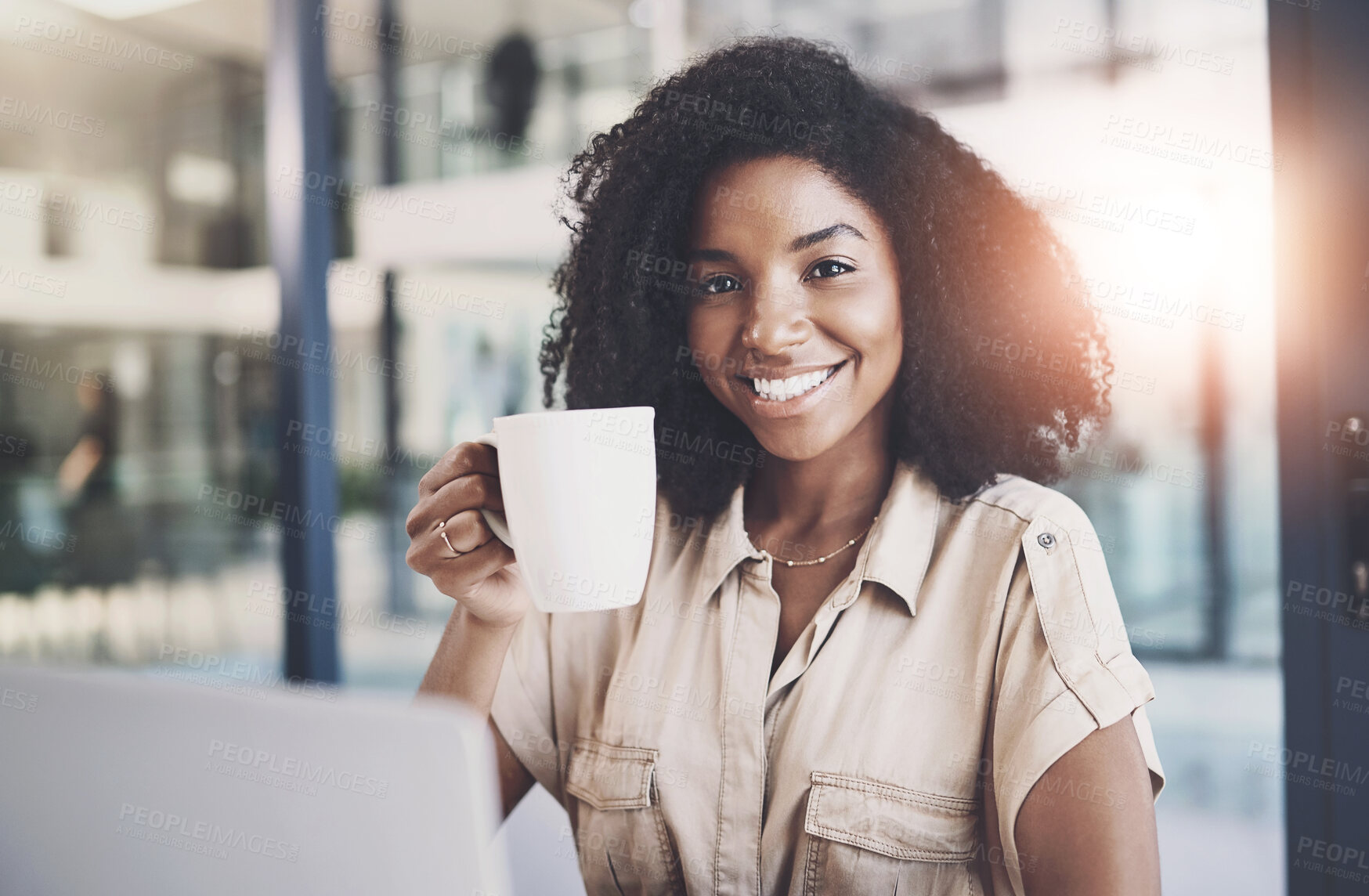 Buy stock photo Portrait, smile and black woman in office with coffee, laptop and business development manager at desk. About us, happy advisor or consultant with opportunity, confidence and drink at online agency