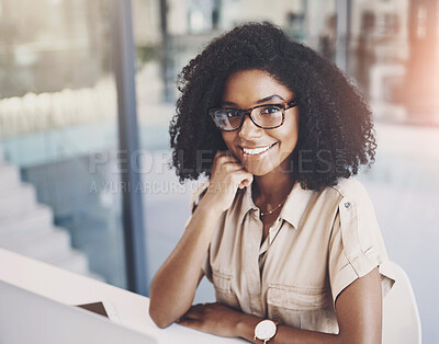 Buy stock photo Administrator, portrait and smile of black woman in office, working and professional career in corporate. Workplace, laptop and female assistant with pride for business, coordinate schedule and email