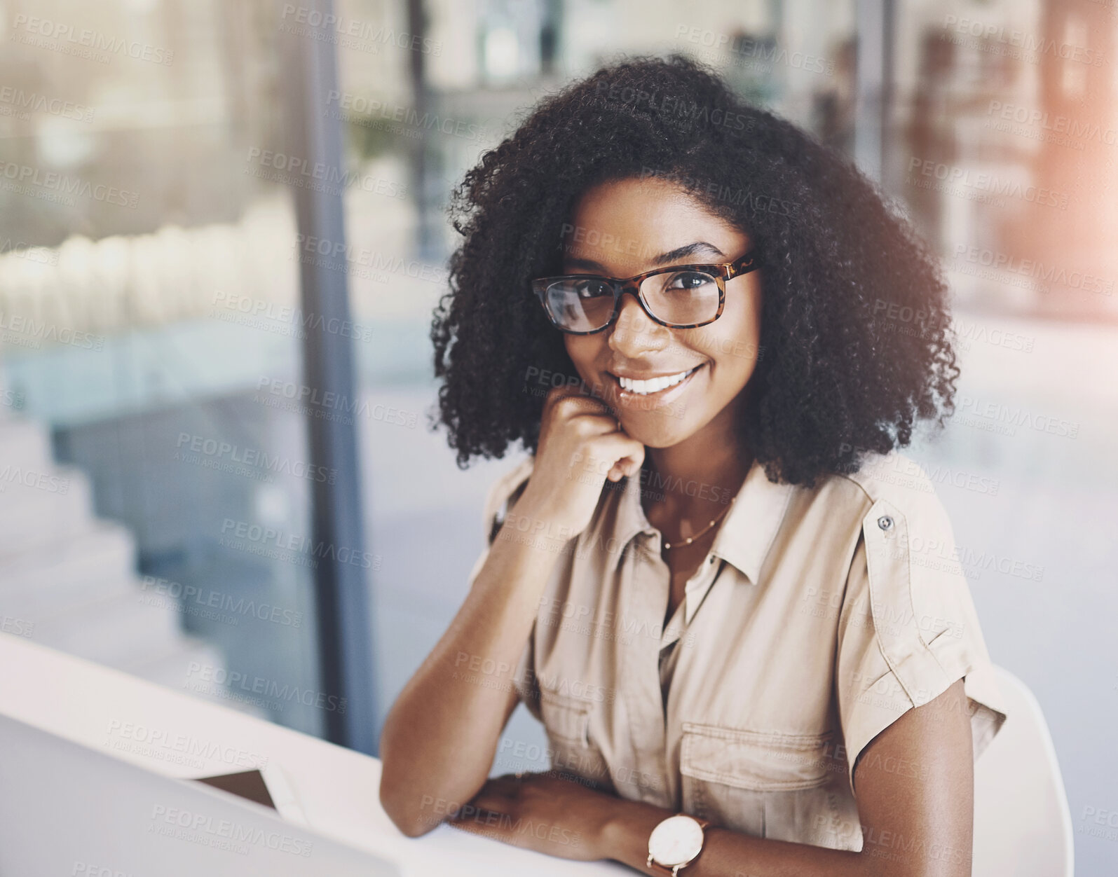 Buy stock photo Administrator, portrait and smile of black woman in office, working and professional career in corporate. Workplace, laptop and female assistant with pride for business, coordinate schedule and email