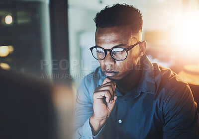 Buy stock photo Office, computer and business man at night for reading, research and web design software. Corporate, thinking and worker on pc working late for programming, information technology and cybersecurity