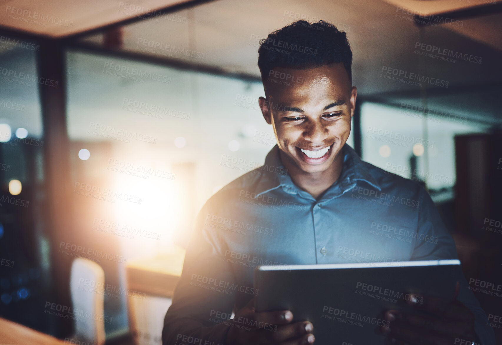 Buy stock photo Office, tablet and business black man at night online for website, research and internet for project deadline. Corporate, working late and worker on digital tech for stock market, planning or fintech