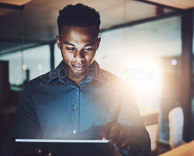 Buy stock photo Office, business and black man at night on tablet for website, research and internet for project deadline. Creative, professional and worker on digital tech for networking, planning and web design