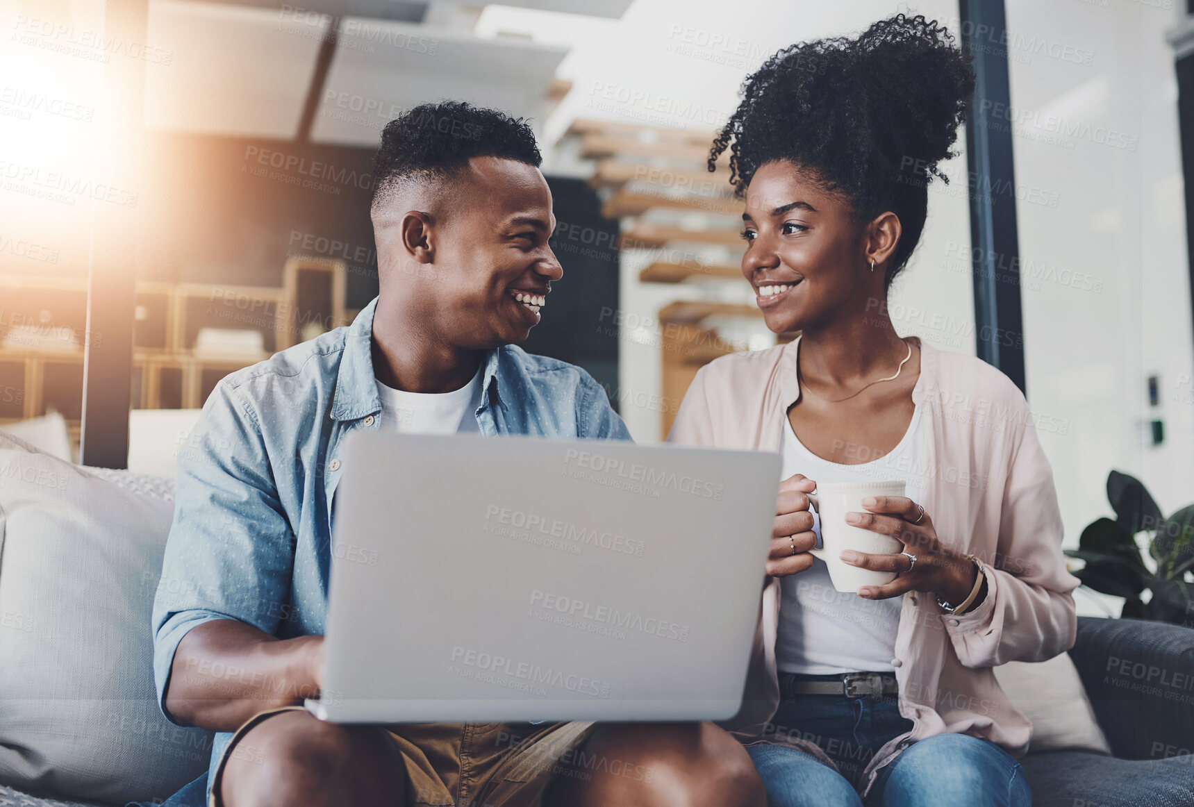 Buy stock photo Laptop, happy and black couple on sofa talking for internet, online shopping and website in home. Dating, relationship and man and woman on computer for bonding, chill and relax in living room