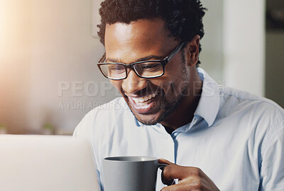 Buy stock photo Laptop, coffee and black man in office with smile for good news email with job promotion for career. Happy, computer and African finance advisor with cappuccino reading research online in workplace.