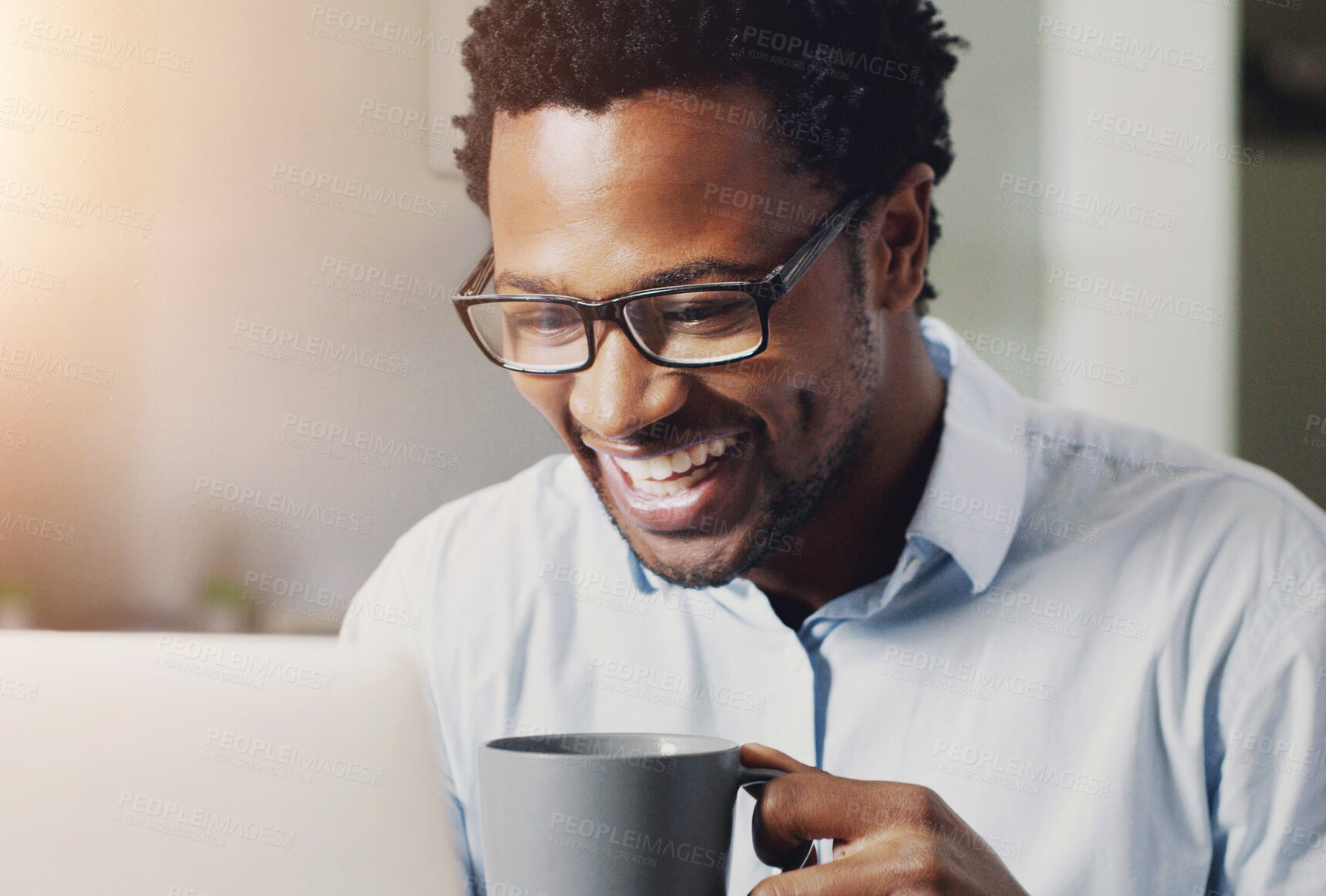 Buy stock photo Laptop, coffee and black man in office with smile for good news email with job promotion for career. Happy, computer and African finance advisor with cappuccino reading research online in workplace.