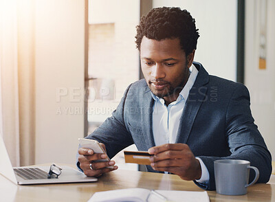 Buy stock photo Business, black man and phone with credit card in office for online trading, stock market investment and payment. Fintech, professional trader and ecommerce transaction for banking and subscription