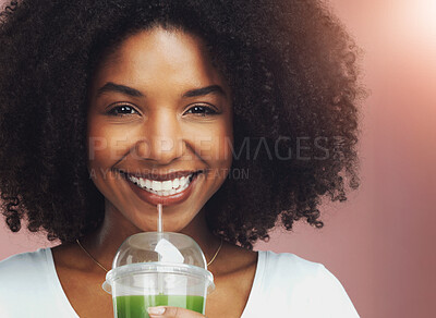 Buy stock photo Happy, black woman and portrait with green juice, diet drink for nutrition or detox on studio background. Face of young African, female person and vegan beverage with smile for natural fruit smoothie