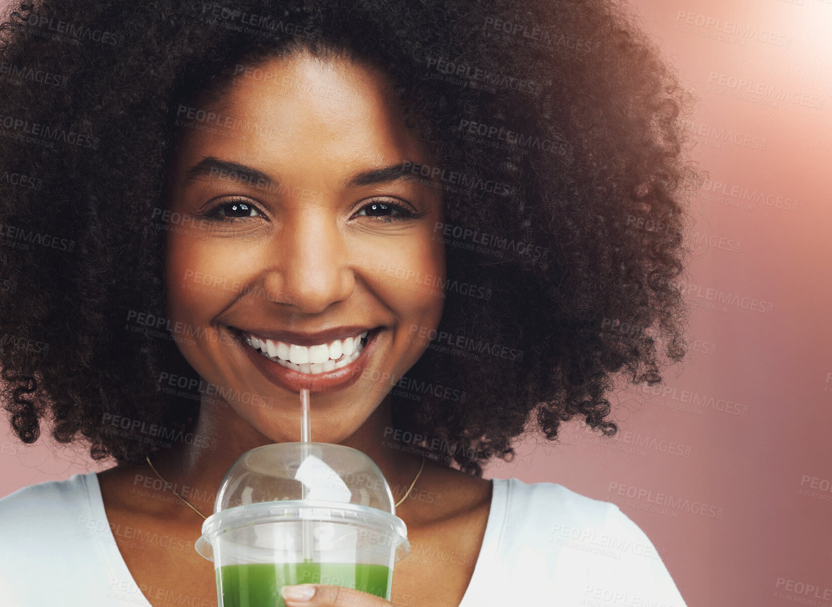 Buy stock photo Happy, black woman and portrait with green juice, diet drink for nutrition or detox on studio background. Face of young African, female person and vegan beverage with smile for natural fruit smoothie