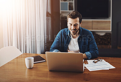 Buy stock photo Male person, remote work and video call with laptop in home for online meeting, document for report on email marketing. Man, social media and web conference with computer for review of engagement