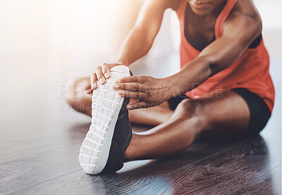 Buy stock photo Fitness, gym and woman stretching leg on floor for morning workout, wellness routine or warm up. Active, athlete and female person on ground for muscle flexibility, cardio exercise or getting ready