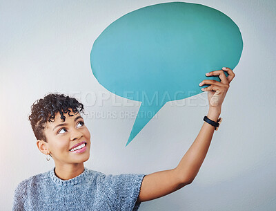 Buy stock photo Studio, woman and speech bubble for information, opinion and voice for communication with mockup. Female person, advertising or marketing for product placement, billboard or paper by gray background 