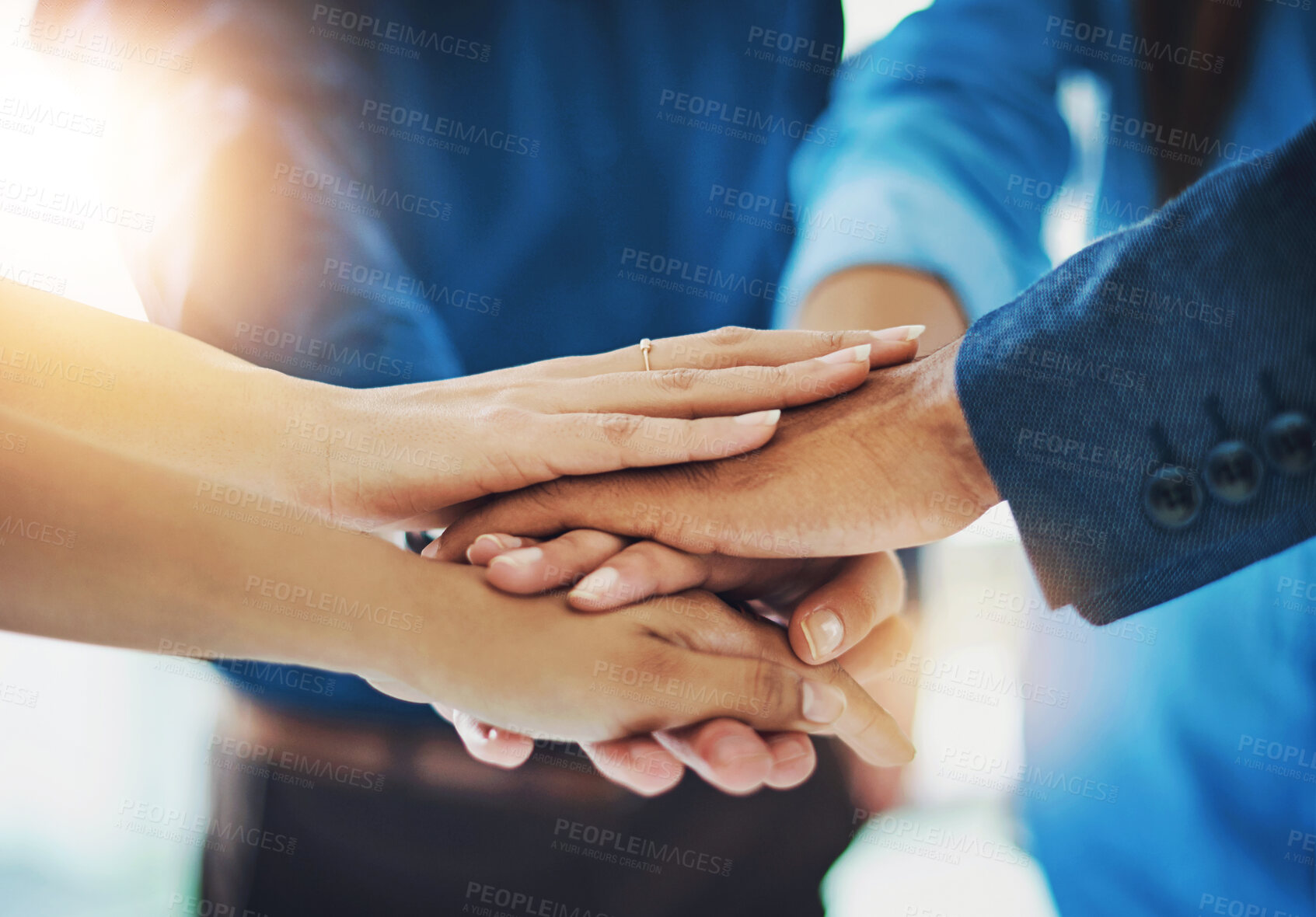 Buy stock photo Group, business people and hands in stack for collaboration, support or diversity in workplace community. Staff, trust or teamwork at company office with commitment, together for goal with solidarity