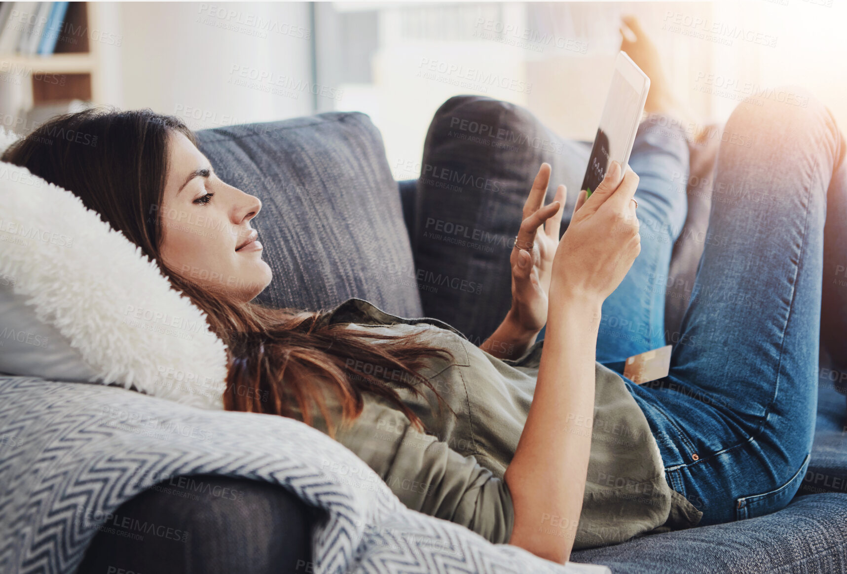 Buy stock photo Tablet, relax and woman on couch for online shopping, credit card and ecommerce in home. Transaction, internet and payment for deal or sale in living room, female person and digital website for store