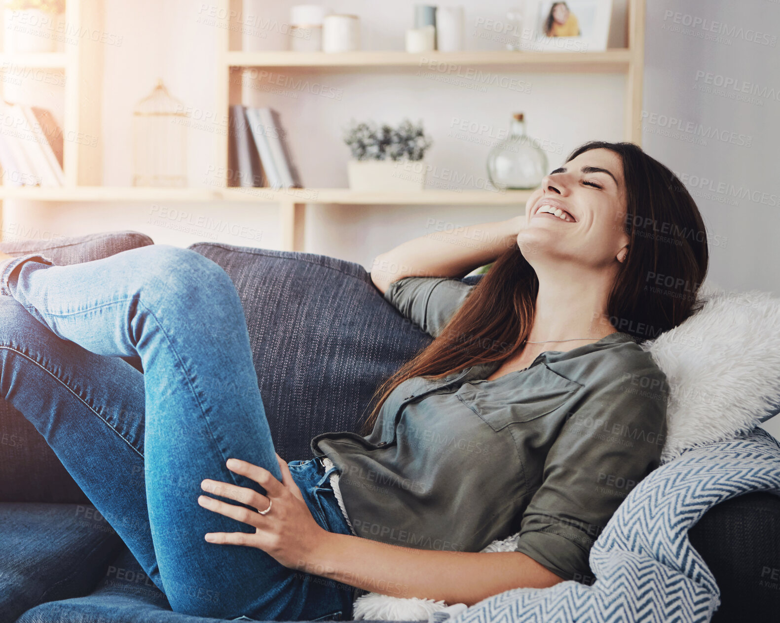 Buy stock photo Woman, sofa and smile in home for relax, peace and comfort in living room as break on weekend. Girl, calm and happy on apartment couch for wellness, lazy and self care in lounge as mental health day