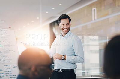 Buy stock photo Whiteboard, presentation and happy business man in meeting for coaching, training or discussion. Team, leader and public relations manager planning strategy for social media campaign info in workshop