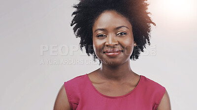 Buy stock photo Black woman, business and happy portrait in studio, smile and confidence or corporate career or administrator. Receptionist, company employee and white background, friendly and professional face