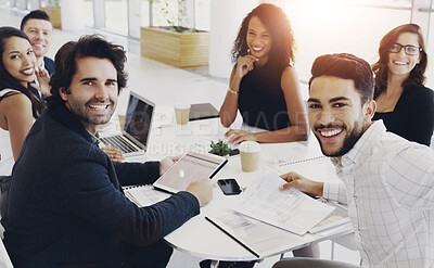 Buy stock photo Collaboration, meeting and portrait with business people in boardroom of office together for planning. Documents, teamwork and technology with employee group in workplace for financial discussion