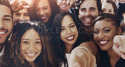 Buy stock photo People, employees and happy in office with selfie for team building and collaboration for project. Diversity, portrait and smile or excited with teamwork for business growth with creating memories