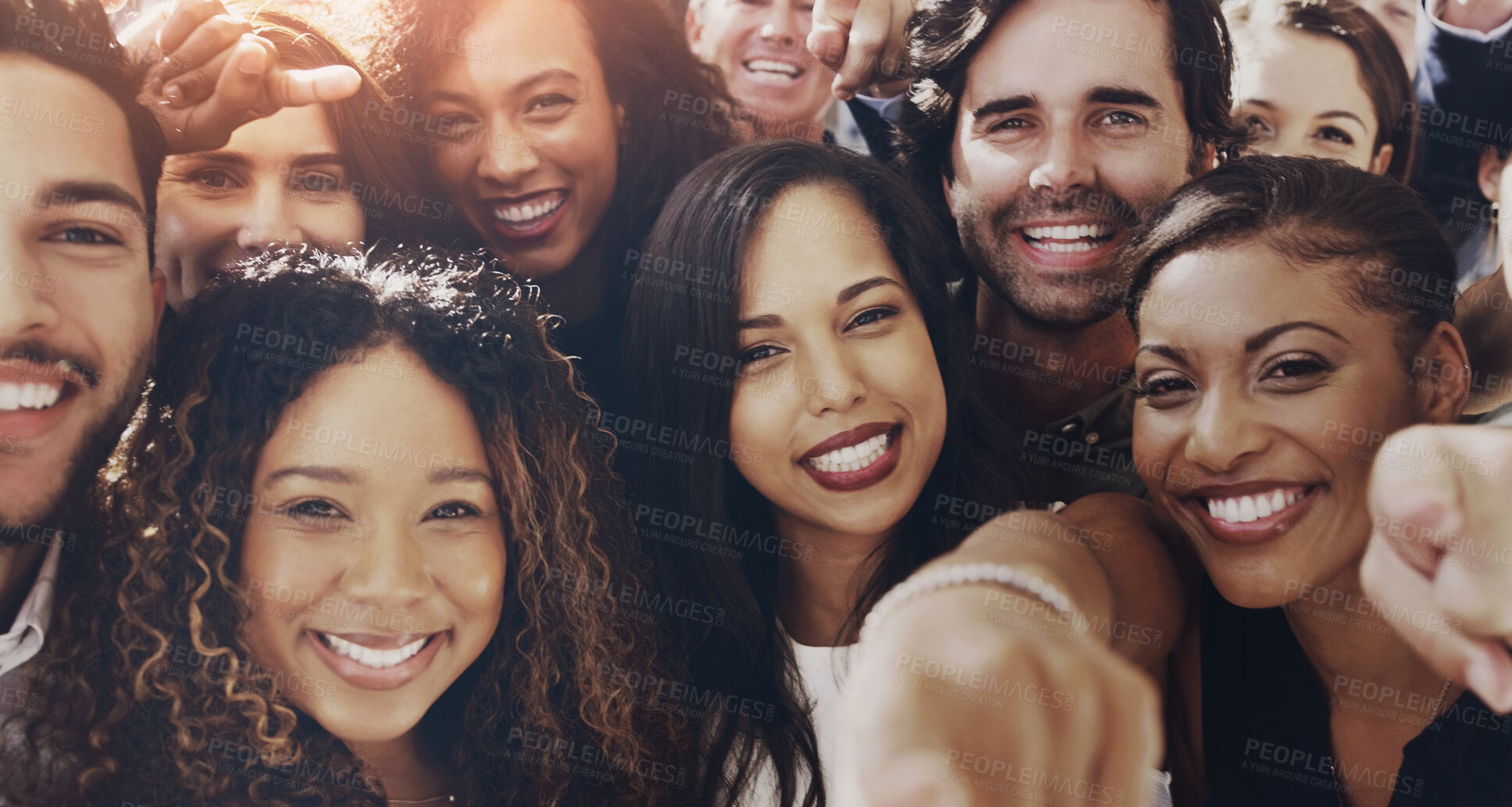 Buy stock photo People, employees and happy in office with selfie for team building and collaboration for project. Diversity, portrait and smile or excited with teamwork for business growth with creating memories