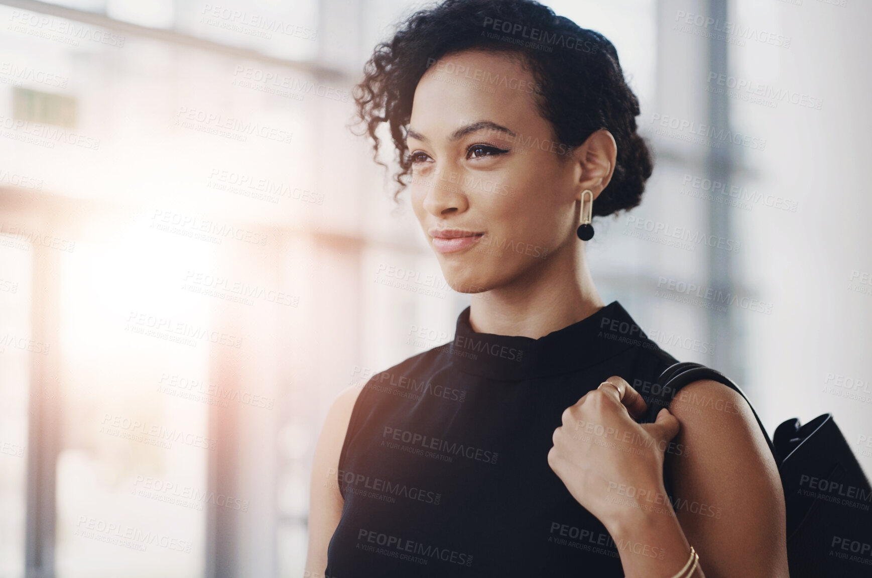 Buy stock photo Woman, walking and commute to work in office building, travel and pride with lens flare. Face, corporate and lawyer in morning for journey to workplace, attorney person and legal advisor for law firm