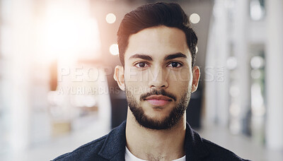 Buy stock photo Business, portrait or face of man in airport for travel, ambition or foreign goals for company. Male employee, global assignment or mission at terminal for corporate journey, vision or career success