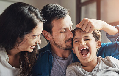 Buy stock photo Family, love and bonding in home with mother, parents and son together. Playful, smile and father relax with mama and happy child in house bedroom with support and care for childhood fun and growth