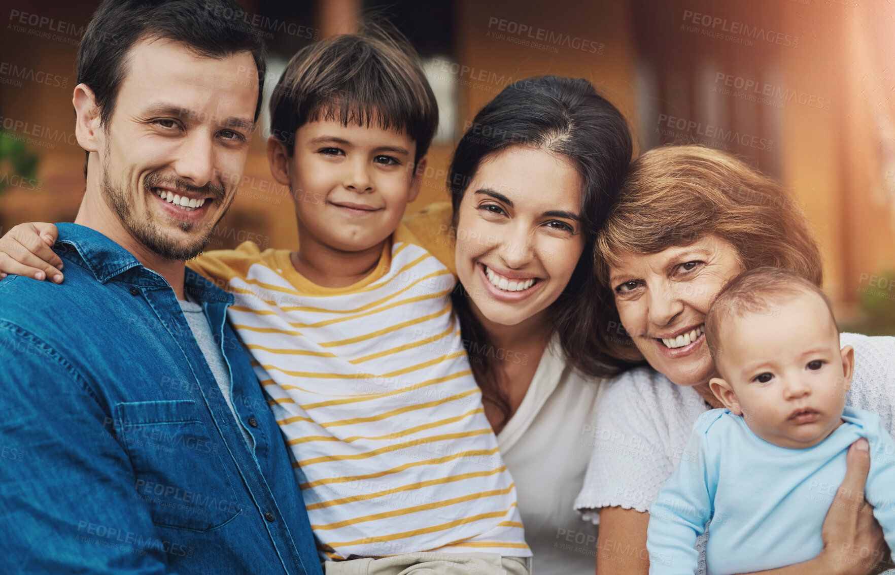 Buy stock photo Big family, portrait and outside their home with grandmother, parents and baby together. Love, smile and father relax with mother and happy child in house garden with support and care in backyard