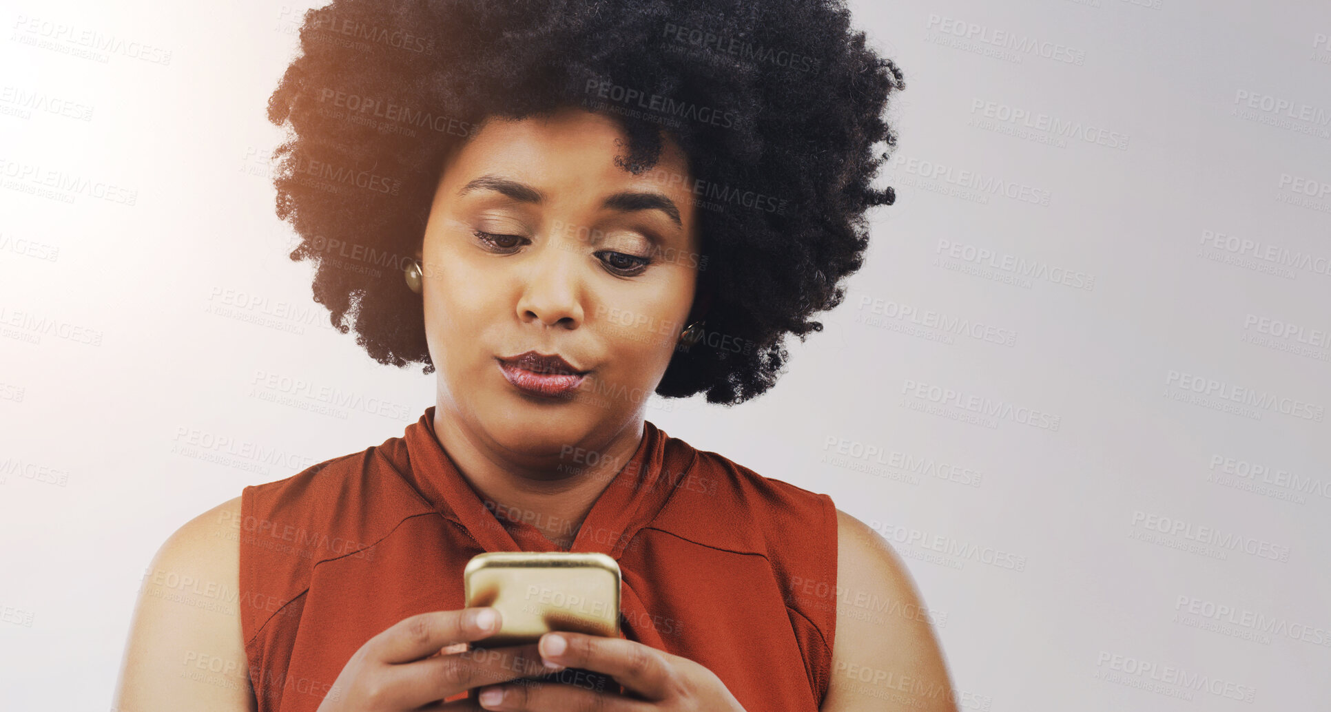 Buy stock photo Phone, scam and thinking with black woman in studio on white background for communication or social media. Doubt, gossip and text message on mobile with afro person typing email for networking