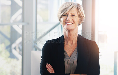 Buy stock photo Woman, crossed arms and mature in office portrait, confident and smile with financial manager. Department head, corporate career and business in workplace, professional and accounting job with pride