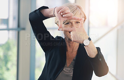 Buy stock photo Mature, business and woman with finger frame for portrait in office, leader and ambition of photography perspective. Professional, female person and hand gesture, sign and profile picture