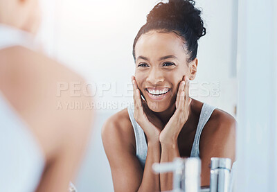 Buy stock photo Beauty, mirror and skincare with woman in bathroom of home for morning cosmetics routine. Dermatology, reflection and wellness with happy person in apartment for facial massage, hygiene or treatment